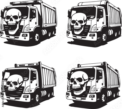 Four Black and White Illustrations of Dump Trucks with Skull Faces vehicle transportation