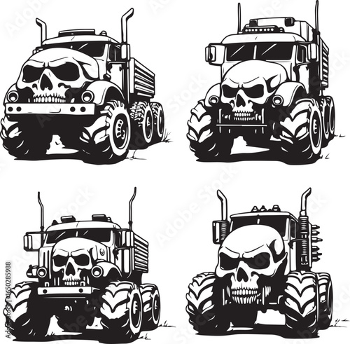 Four black and white illustrations of monster trucks with skull faces on white background vehicle