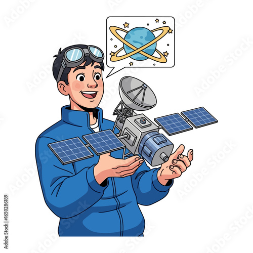 Young Explorer with Satellite: A curious young person, adorned with vintage goggles, holds a detailed model of a satellite, envisioning the cosmic expanse and innovation.