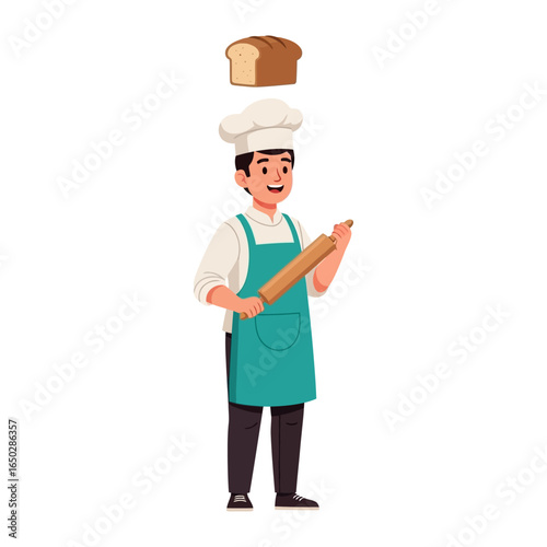Artisan Baker and Freshly Baked Loaf: A cheerful baker, adorned in a chef's hat and apron, exudes warmth as he stands ready with his rolling pin beside a freshly baked loaf of bread.