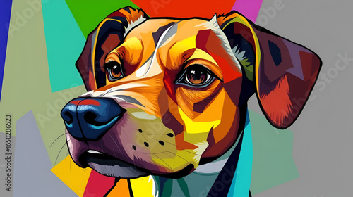 colorful, cubistic portrait of a dog, blending shapes and colors to convey a sense of anxiety. Cubism, abstract.