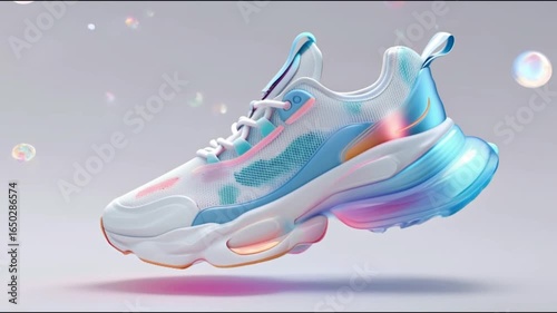 Animated 3d rendering of modern athletic shoe with bubbles and abstract colors