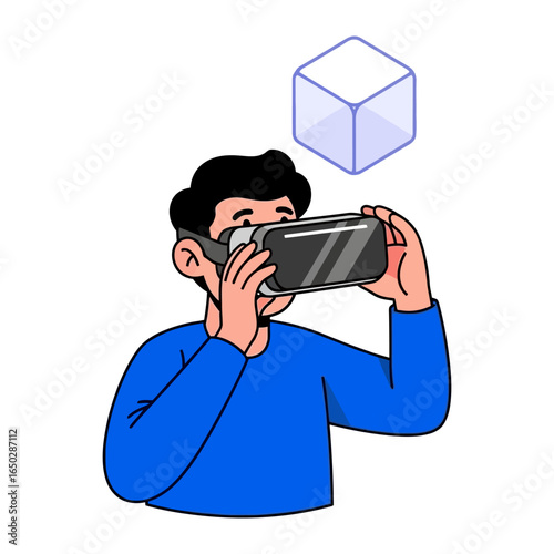 Exploring Virtual Realms: A figure immersed in the digital world, experiencing a virtual reality headset, a cube floats. 