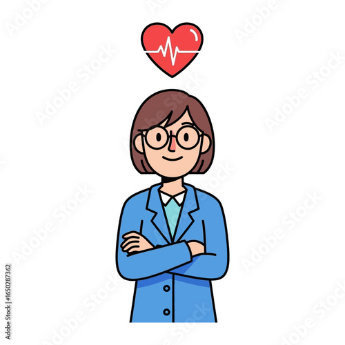 Healthy Practitioner's Vitality: A confident practitioner is depicted with crossed arms, a radiant smile, and a pulsating heartbeat illustration overhead.