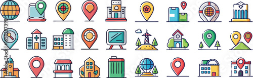 Colorful Flat Icons of Locations and Buildings globe map pin