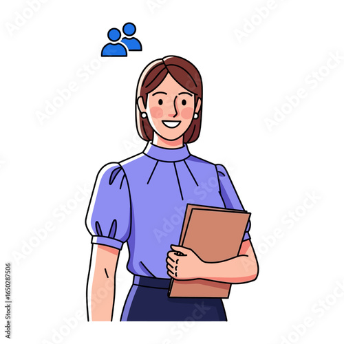 Smiling Office Professional: A cheerful female office worker, holding a folder, stands poised, with a friendly, approachable demeanor, symbolizing competence and approachability in a work setting.