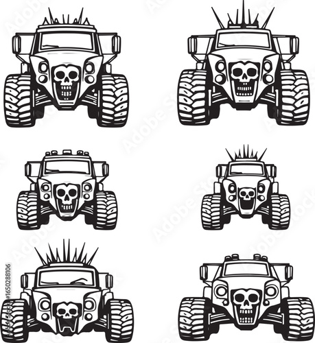 Six monster trucks with skull faces and spikes on white background vehicle off road