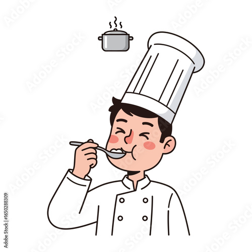 Taste Test: A cartoon chef savors a spoonful of deliciousness, embodying the art of culinary expertise and gastronomic delight.
