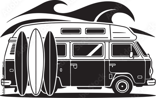 Retro camper van with surfboards and waves