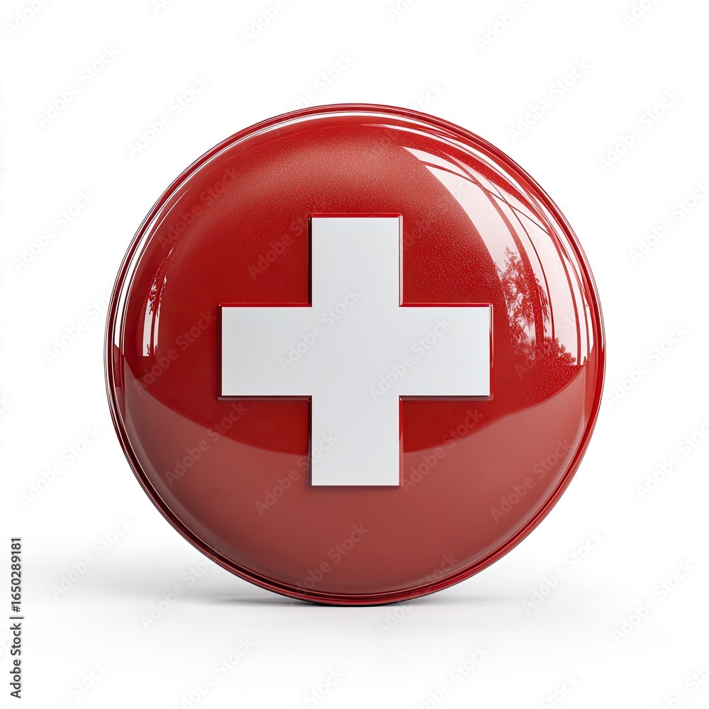 Obraz premium Red button with a white plus sign. Glossy, circular, isolated on white