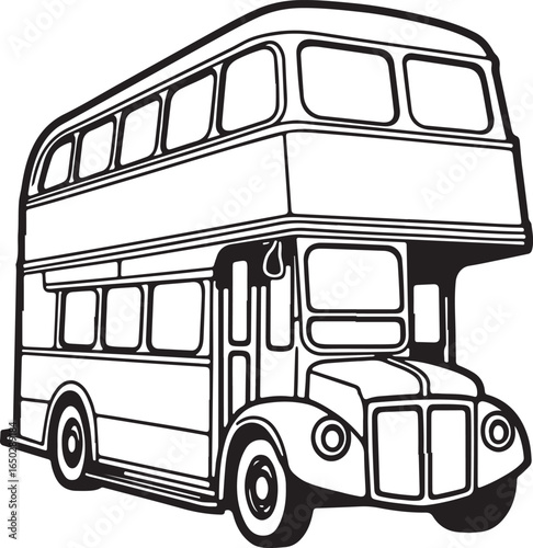 Black and white illustration of a classic double decker bus transport transportation