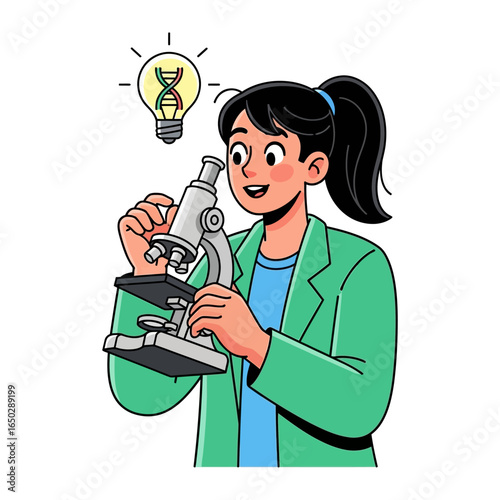 Scientific Discovery: A female scientist gazes intently into a microscope, an animated lightbulb illuminates above her, symbolizing scientific breakthroughs and a keen focus on research. 