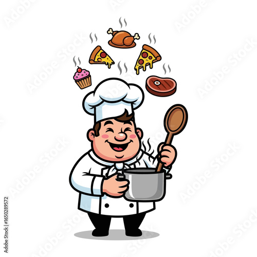 Chef's Culinary Creation: A jovial chef, complete with toque and apron, delights in the culinary magic, stirring a simmering pot and surrounded by tempting, floating food items.