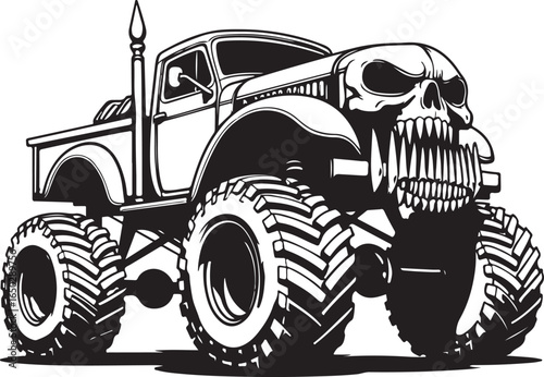 Side profile black and white monster truck with skull front and large tires vehicle off road