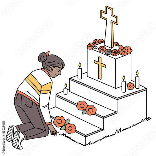 A woman kneeling at a grave in a cemetery, placing flowers on the tombstone isolated on white background