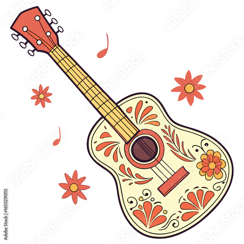 Acoustic guitar decorated with flowers isolated on white background, a vibrant and festive design for day of the dead