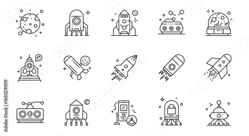 Collection of 18 line art space icons, including rockets, planets, UFOs, and space stations, perfect for websites, apps, or presentations related to space exploration, astronomy, or science fiction.