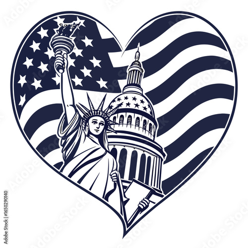 American flag in heart shape with statue of liberty and capitol building isolated on white background, a symbol of patriotism