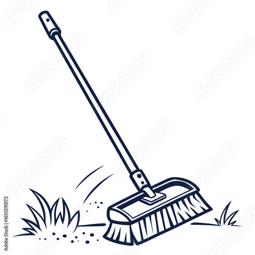 Broom sweeping grass and dirt isolated on white background, cleaning outdoor area and maintaining yard