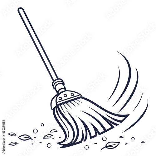 Broom sweeping the floor with leaves, cleaning the house isolated on white background