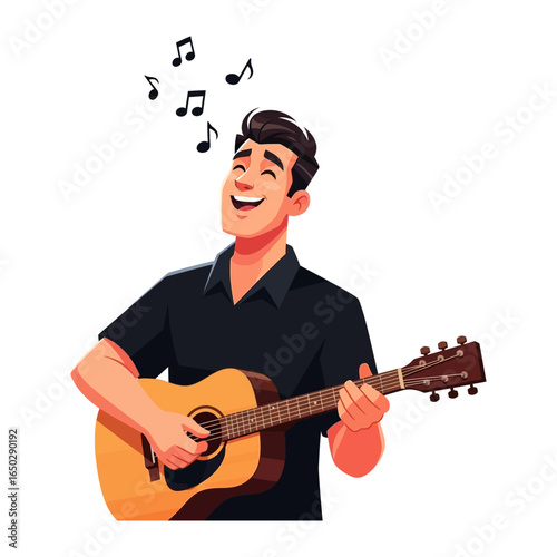 Melodic Serenade: A cheerful individual strums a guitar, notes floating above in a whimsical illustration, embodying the joy of musical expression and creative passion.