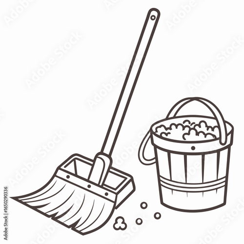 Illustration of a broom and bucket for cleaning, isolated on white background
