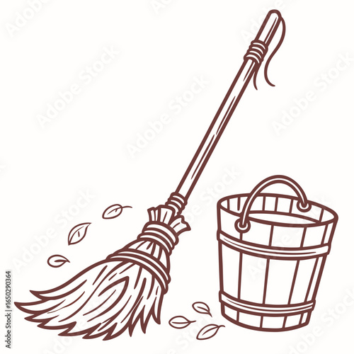Illustration of a broom and bucket with fallen leaves isolated on white background