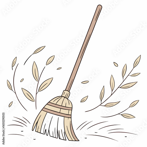 Illustration of a broom sweeping leaves isolated on white background, capturing the essence of autumn cleaning and yard maintenance