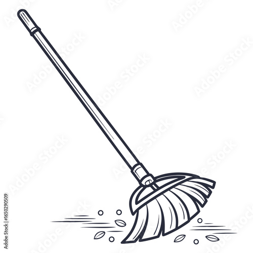 Illustration of a broom sweeping leaves isolated on white background for cleaning and maintenance purposes