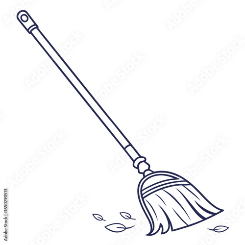 Illustration of a broom sweeping leaves, isolated on white background, a cleaning tool for maintaining cleanliness
