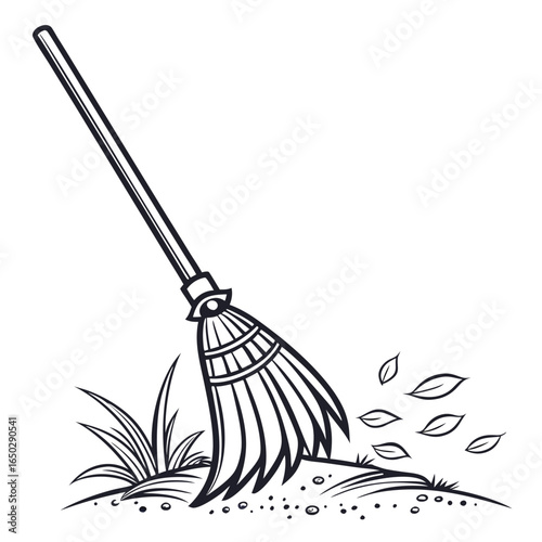 Illustration of a broom sweeping leaves on the ground, a cleaning tool used for sweeping floors, isolated on white background