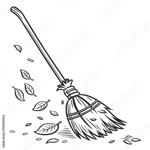 Illustration of a broom sweeping up fallen leaves, isolated on white background