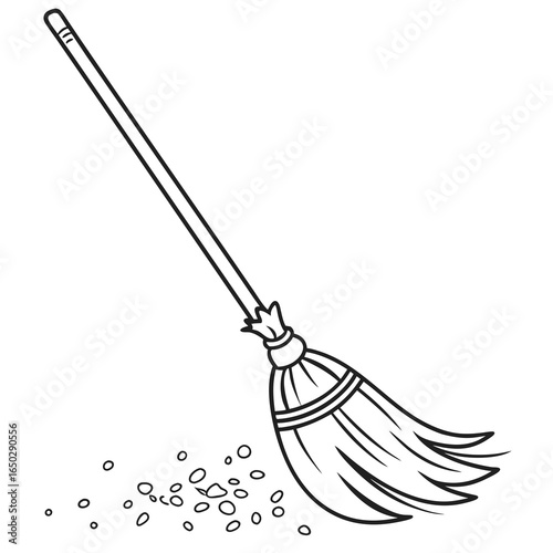 Illustration of a broom sweeping up dirt and debris on the floor, isolated on white background