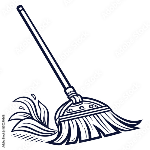 Illustration of a broom sweeping water, isolated on white background