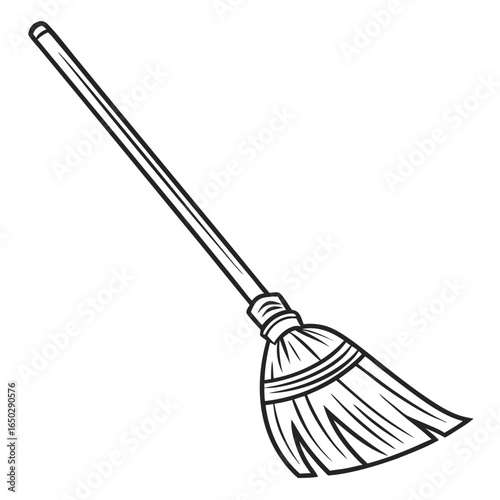Illustration of a broom with a wooden handle isolated on white background, used for cleaning and sweeping floors