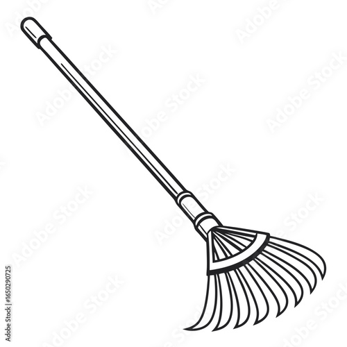 Illustration of a leaf rake isolated on white background, ideal for gardening and autumn season designs, simple and clean