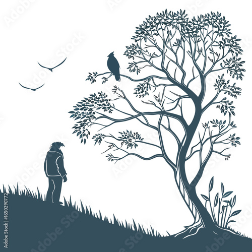 Illustration of a man watching birds on a tree in nature, a peaceful and serene landscape scene