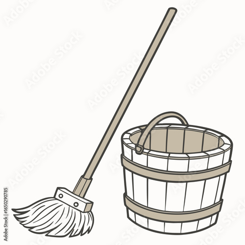 Illustration of a mop and bucket isolated on white background, essential tools for floor cleaning and household maintenance