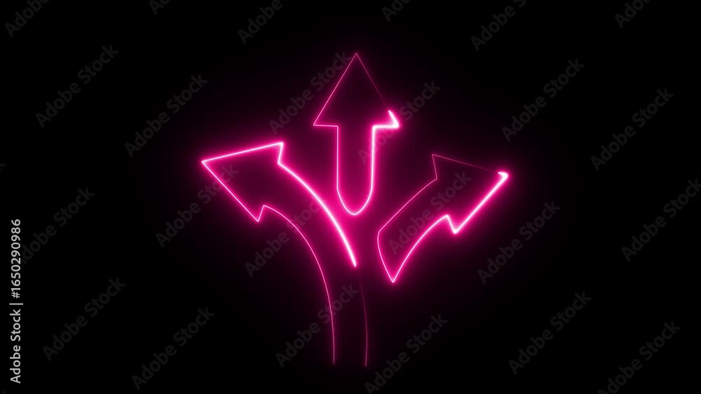 Pink neon arrows pointing in three different directions on black background Pink neon arrows pointing in three different directions on black background