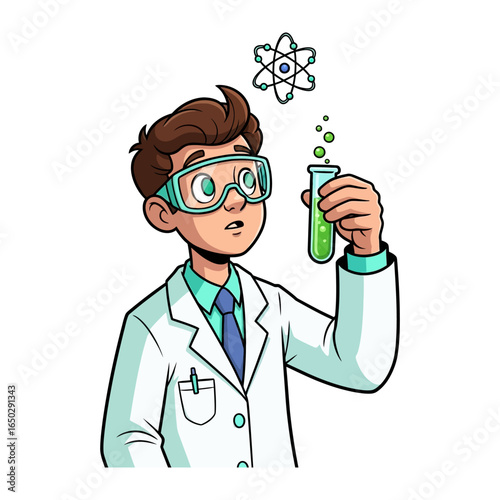 Scientific Inquiry: A young scientist peers intently at a bubbling test tube, a symbol of scientific discovery in a bright and friendly vector-style illustration.