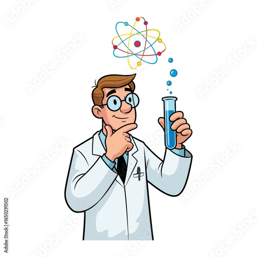 Genius's Scientific Breakthrough: The scene depicts a brilliant scientist lost in thought, holding a test tube, with an atom model hovering overhead.