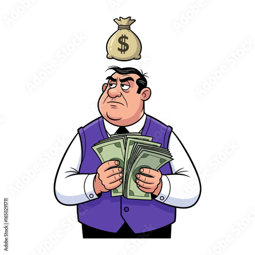 Wealthy Thoughts: A cartoon illustration depicts a man surrounded by stacks of money and a dollar-bag.
