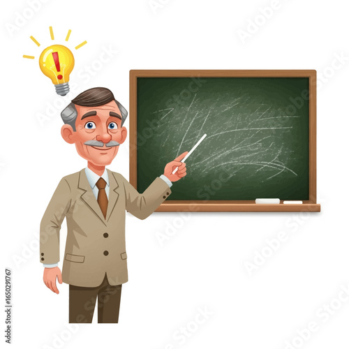 Professor's lesson: Captivating illustration of a distinguished professor imparting knowledge, using a pointer to explain a concept written on the green chalkboard and lit with new idea