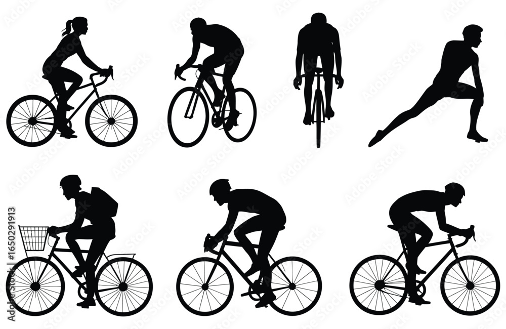 Obraz premium Silhouettes of people cycling on various bikes and stretching before or after a ride