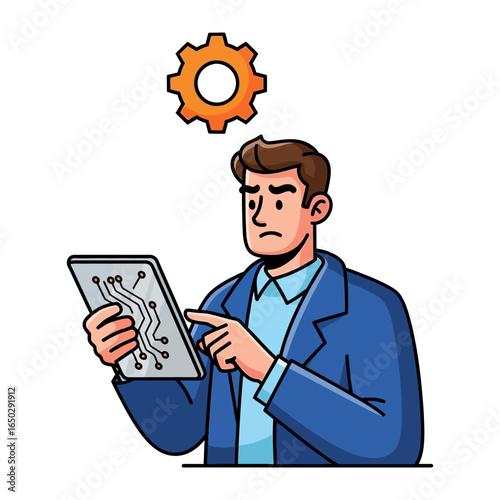 Problem-Solving: A Thoughtful Businessman grapples with a technological puzzle, contemplating a solution to a complex problem with his tablet.