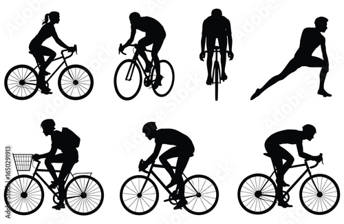 Silhouettes of people cycling on various bikes and stretching before or after a ride