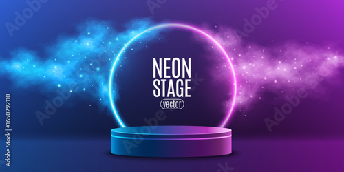 Purple and blue 3D podium surrounded by soft clouds, magical dust and fog effect with glowing neon round frame. Dreamy cylindrical stage for showcasing brand products. Vector illustration.