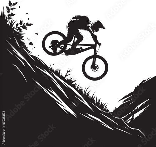 Dynamic mountain biker silhouette leaping downhill