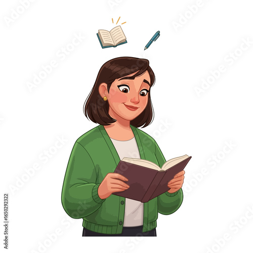 A woman in study: A woman delves into a book, absorbed in study with books and pen, symbolizing a passion for learning and literature