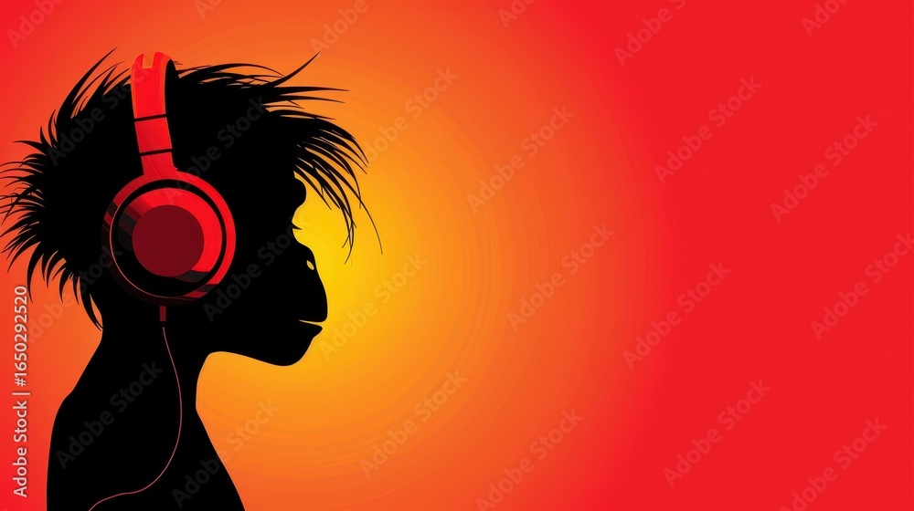 Obraz premium Striking silhouette of a monkey immersed in music, set against a vibrant red backdrop, perfect for creative vibes.